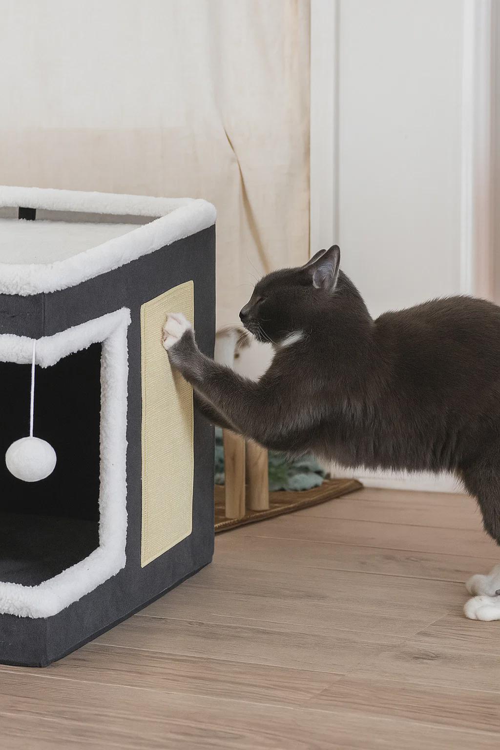 Indoor Cat Bed with Scratcher – Foldable Covered Hideaway with Reversible Cushion