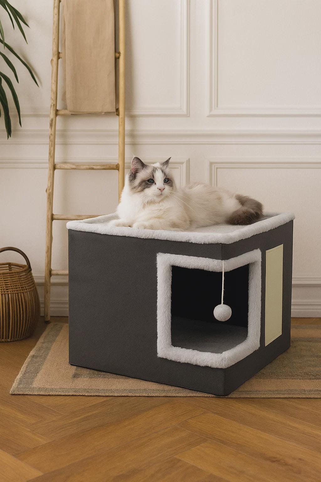 Indoor Cat Bed with Scratcher – Foldable Covered Hideaway with Reversible Cushion