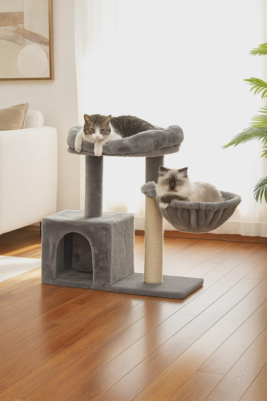Compact Cat Tree with Sisal Scratching Post & Deep Hammock – Condo Tower for Kittens and Small Indoor Cats