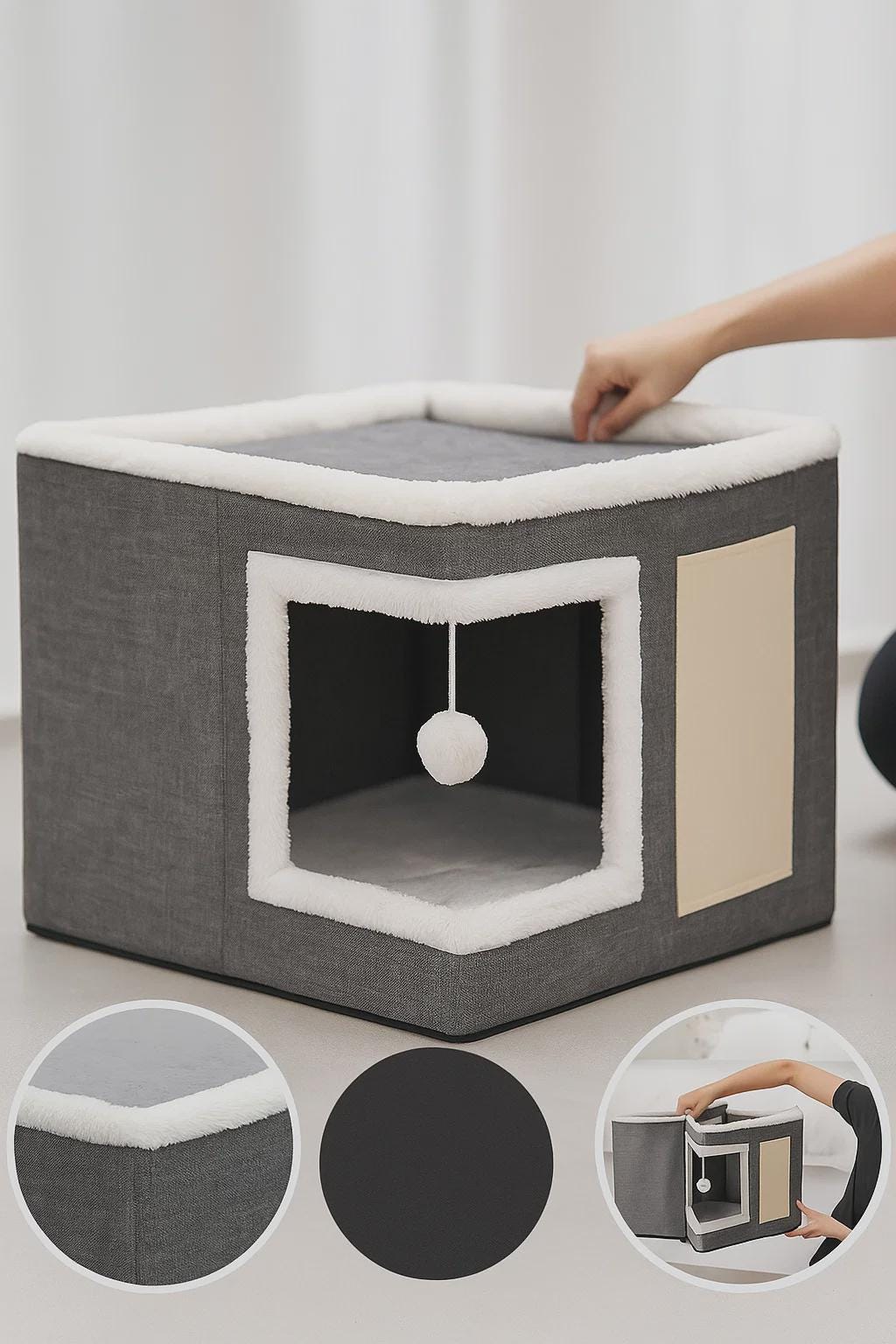 Indoor Cat Bed with Scratcher – Foldable Covered Hideaway with Reversible Cushion