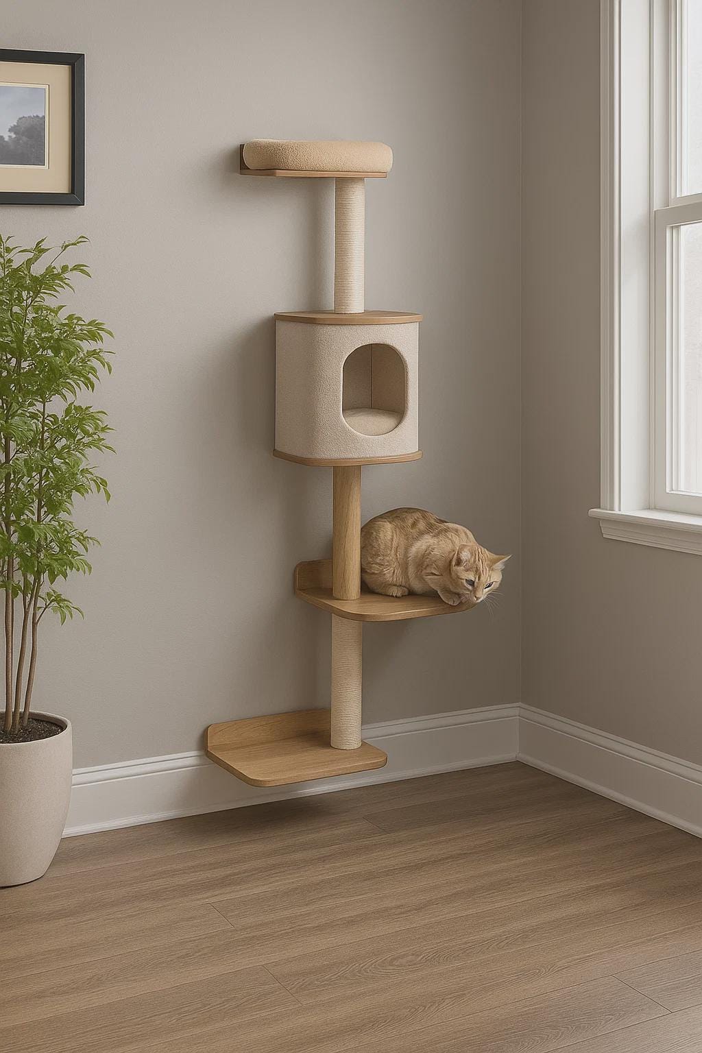 Cat Tower Furniture with Hammock and Scratcher – Wall Mounted Cat Shelves for Indoor Cats | Cozy Cat Hammock & Climbing Tree