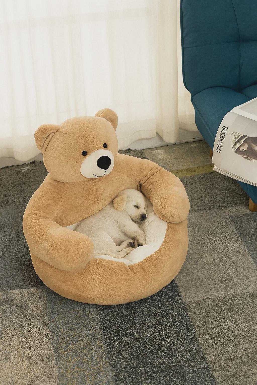 Bear Shaped Dog Bed – Semi-Enclosed Nest, Ultra Soft, Removable & Scratch-Resistant for Puppies and Small Dogs