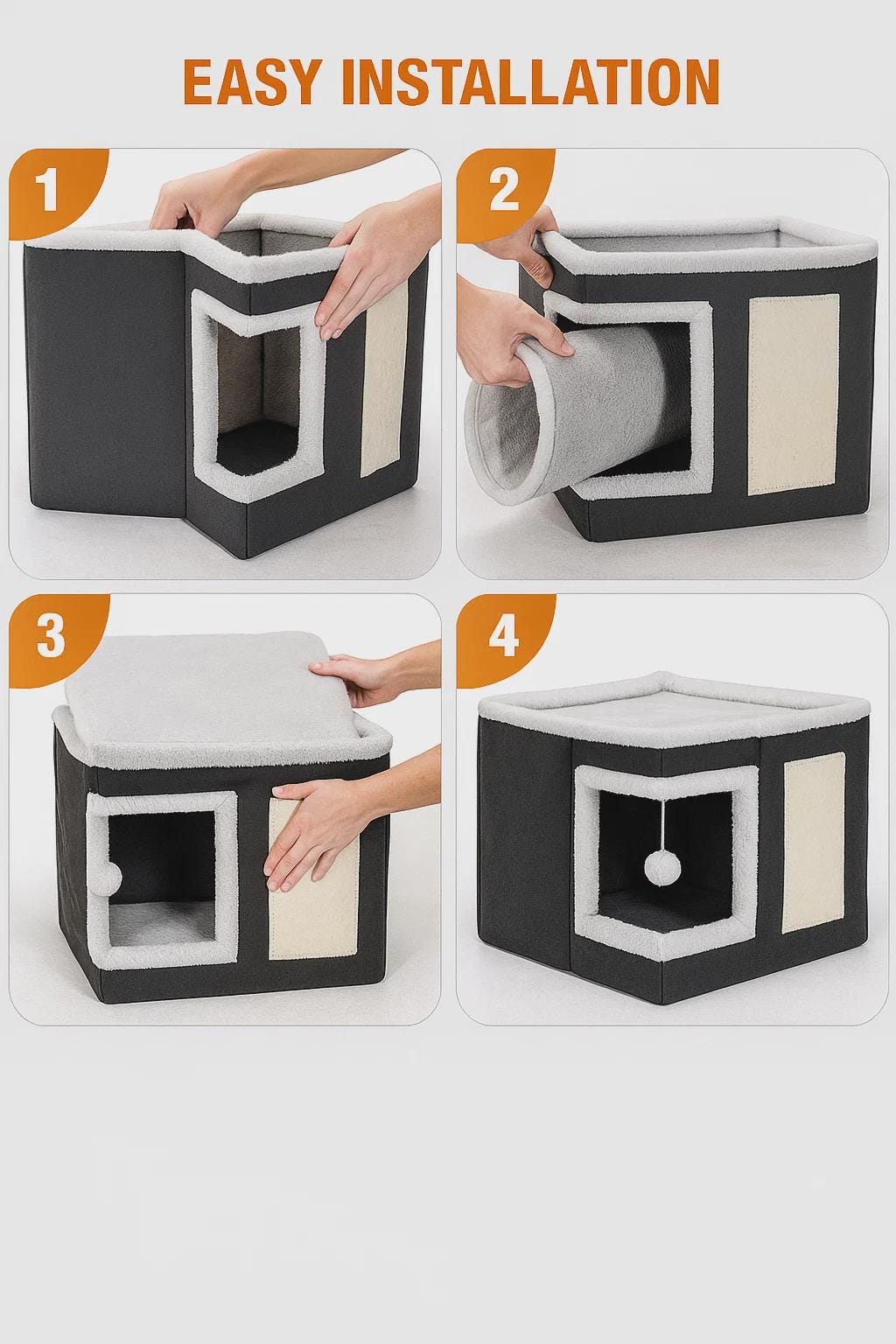 Indoor Cat Bed with Scratcher – Foldable Covered Hideaway with Reversible Cushion